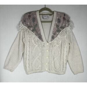 Vintage Hand Knit Floral Cardigan Womens Cottagecore Sweater Fringe Coquette LRG